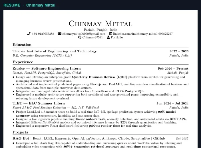 Resume preview for Chinmay Mittal